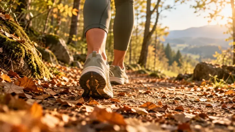 Beine in Leggings und Sportschuhen auf einem herbstlichen Waldweg im Morgenlicht