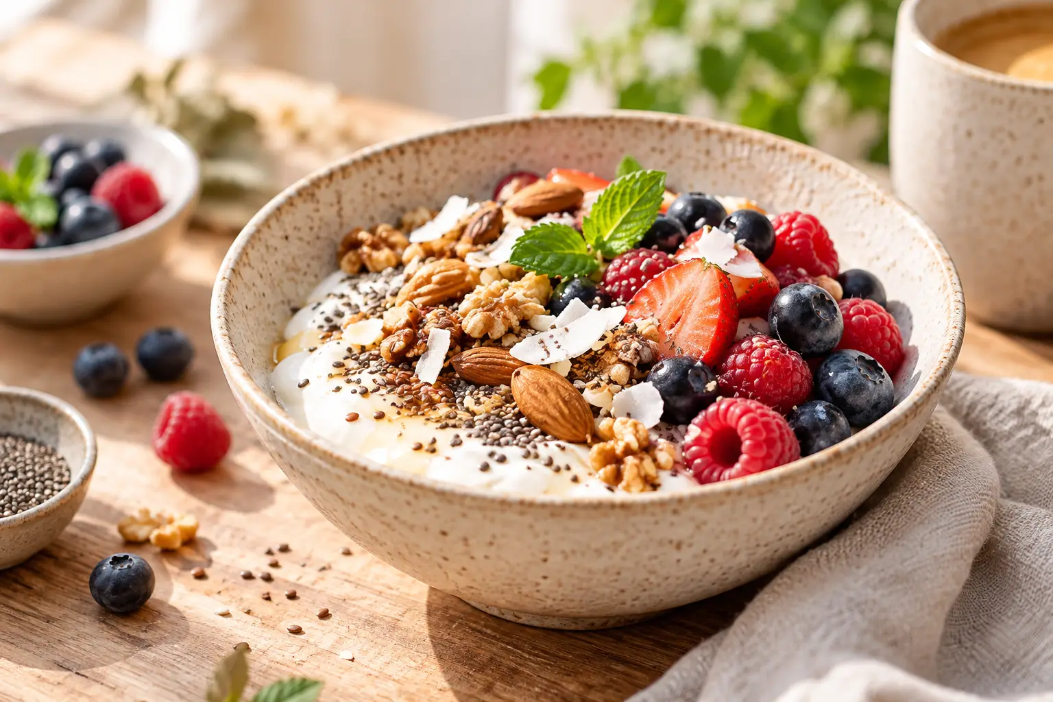 Schale mit Skyr, Beeren, Nüssen und Chiasamen als eiweißreiches Frühstück
