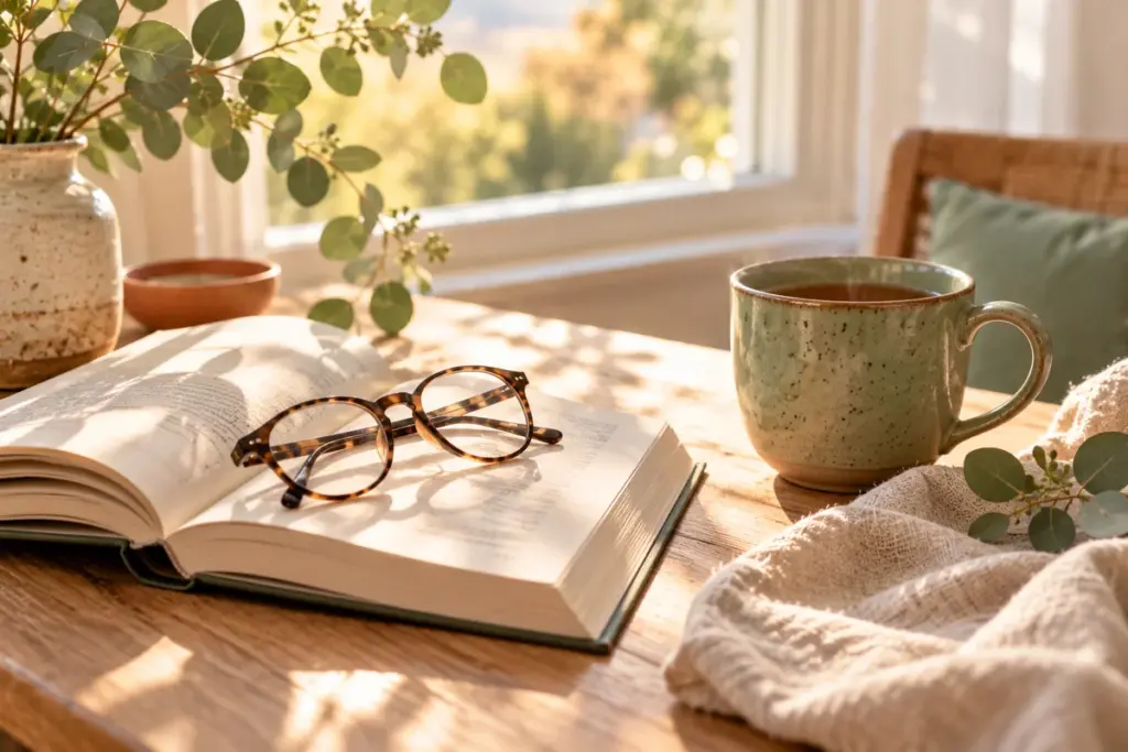 Aufgeschlagenes Buch mit Lesebrille und Teetasse auf einem Holztisch im Morgenlicht