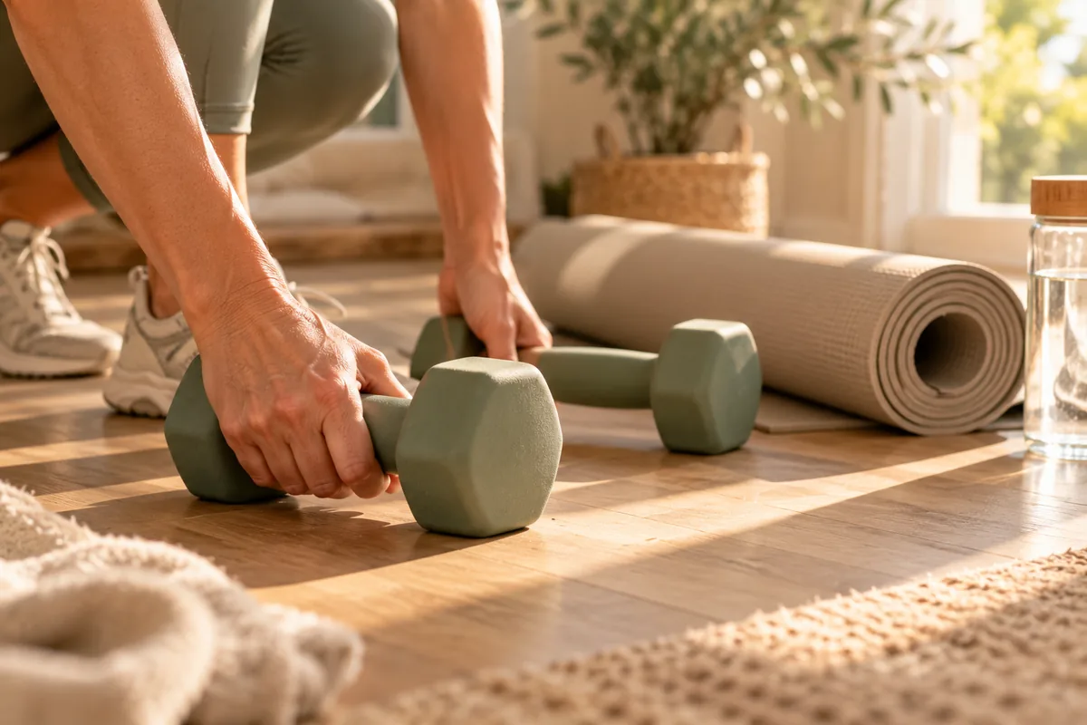 Hände greifen salbeigrüne Kurzhanteln auf einem Holzboden, daneben eine Yogamatte und eine Wasserflasche im Sonnenlicht